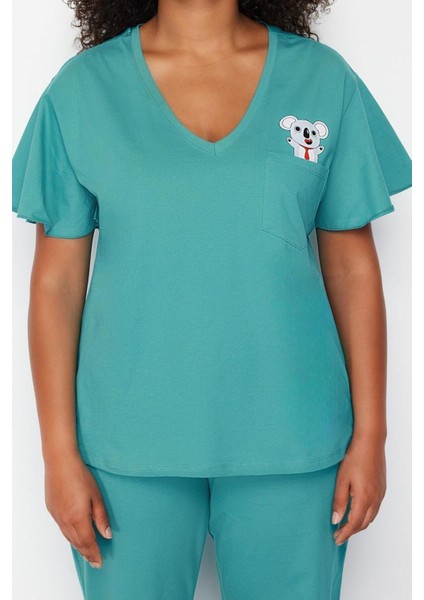Büyük Beden Kadın Pamuklu V Yaka Kısa Kol Koala Baskılı Örme Pijama Takımı