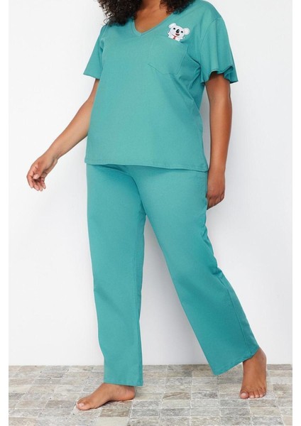 Büyük Beden Kadın Pamuklu V Yaka Kısa Kol Koala Baskılı Örme Pijama Takımı modelleri