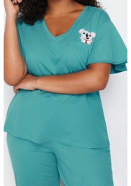 Büyük Beden Kadın Pamuklu V Yaka Kısa Kol Koala Baskılı Örme Pijama Takımı fırsatları