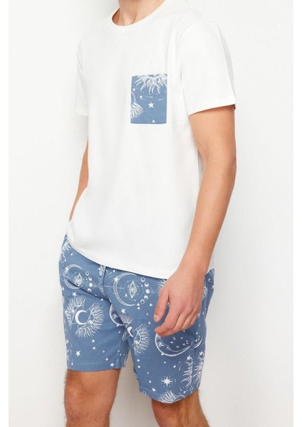 Erkek Pamuk Bisiklet Yaka Kısa Kol Mavi Baskılı Regular Fit Couple Örme Şortlu Pijama Takımı