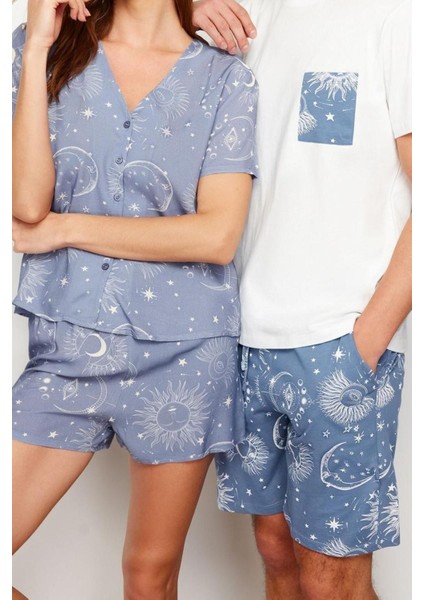 Erkek Pamuk Bisiklet Yaka Kısa Kol Mavi Baskılı Regular Fit Couple Örme Şortlu Pijama Takımı
