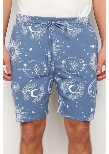 Erkek Pamuk Bisiklet Yaka Kısa Kol Mavi Baskılı Regular Fit Couple Örme Şortlu Pijama Takımı