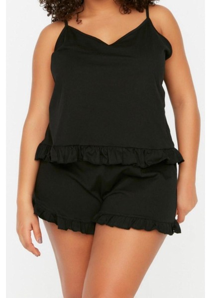 Büyük Beden Kadın Pamuklu V Yaka Askılı Kol Askılı Örme Fırfır Detaylı Pijama Takımı