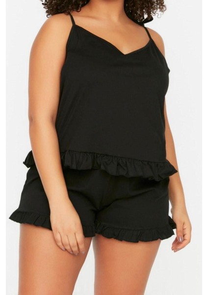 Büyük Beden Kadın Pamuklu V Yaka Askılı Kol Askılı Örme Fırfır Detaylı Pijama Takımı fiyatları