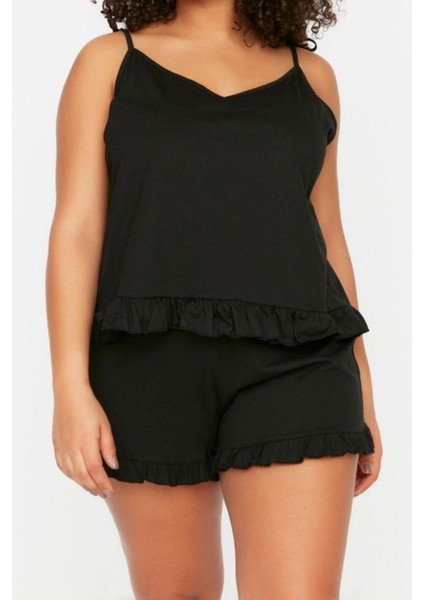 Büyük Beden Kadın Pamuklu V Yaka Askılı Kol Askılı Örme Fırfır Detaylı Pijama Takımı fırsatları