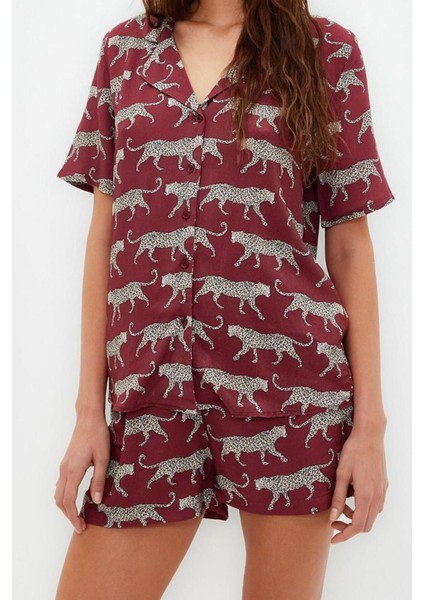 Kadın Viskon Ceket Yaka Kısa Kol Desenli Viskon Gömlek-Şort Dokuma Pijama Takımı