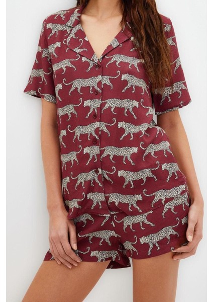 Kadın Viskon Ceket Yaka Kısa Kol Desenli Viskon Gömlek-Şort Dokuma Pijama Takımı