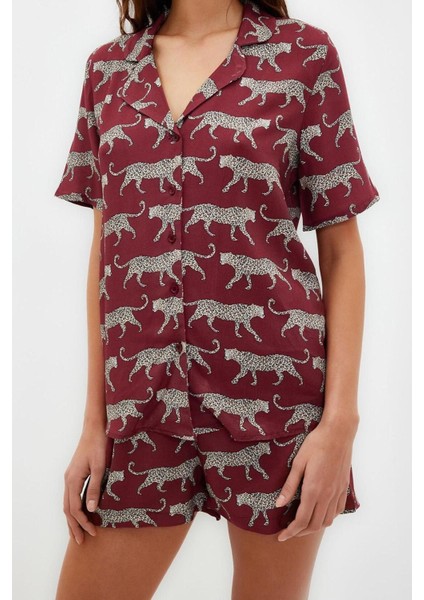 Kadın Viskon Ceket Yaka Kısa Kol Desenli Viskon Gömlek-Şort Dokuma Pijama Takımı