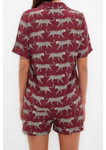 Kadın Viskon Ceket Yaka Kısa Kol Desenli Viskon Gömlek-Şort Dokuma Pijama Takımı