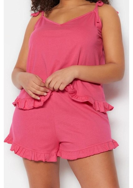 Büyük Beden Kadın Pamuklu V Yaka Askılı Kol Örme Bağlama Detaylı Pijama Takımı