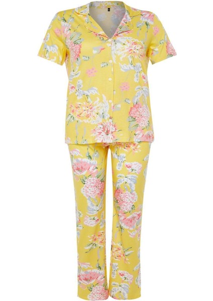 Büyük Beden Kadın Pamuk Gömlek Yaka Kısa Kol Çiçek Desenli Gömlek Yaka Örme Pijama Takımı