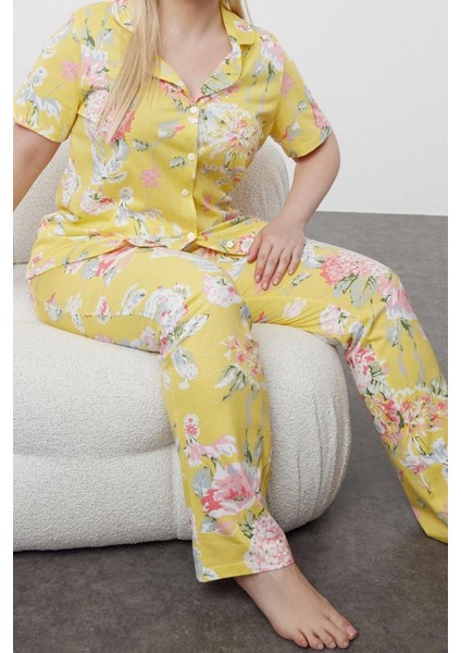 Büyük Beden Kadın Pamuk Gömlek Yaka Kısa Kol Çiçek Desenli Gömlek Yaka Örme Pijama Takımı fiyatları