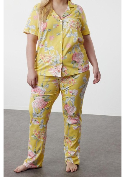 Büyük Beden Kadın Pamuk Gömlek Yaka Kısa Kol Çiçek Desenli Gömlek Yaka Örme Pijama Takımı modelleri