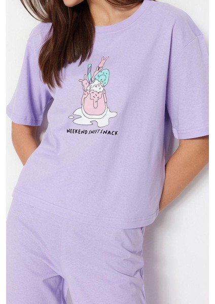 Kadın Bisiklet Yaka Kısa Kol Pamuklu Eğlenceli Baskılı T-Shirt-Pantolon Örme Pijama Takımı