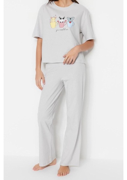 Kadın Bisiklet Yaka Kısa Kol Pamuklu Eğlenceli Baskılı T-Shirt-Pantolon Örme Pijama Takımı