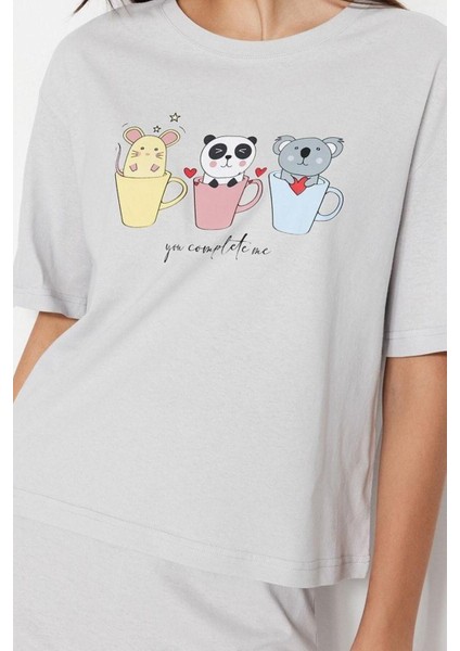 Kadın Bisiklet Yaka Kısa Kol Pamuklu Eğlenceli Baskılı T-Shirt-Pantolon Örme Pijama Takımı