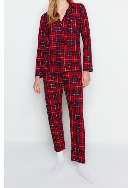 Kadın Polyester Gömlek Yaka Uzun Kol Yumuşak Hissiyatlı Ekoseli Uyku Bantlı Örme Pijama Takımı fırsatları