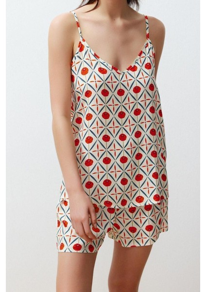 Kadın Viskon V Yaka Askılı Kol Etnik Desenli Ip Askılı Viskon Dokuma Pijama Takımı