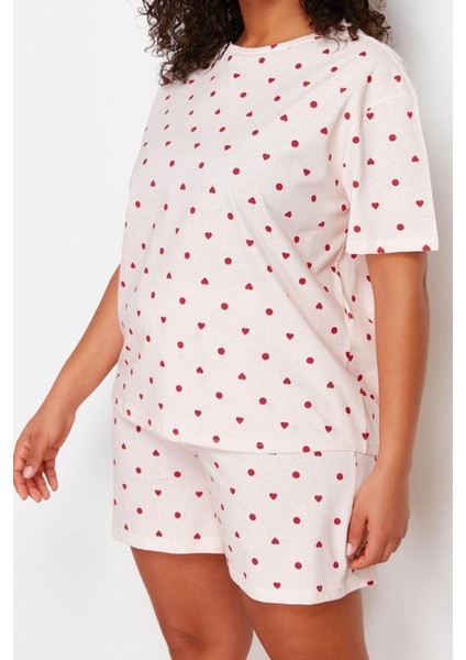 Büyük Beden Kadın Pamuklu Bisiklet Yaka Kısa Kol Kalp Desenli Örme Pijama Takımı