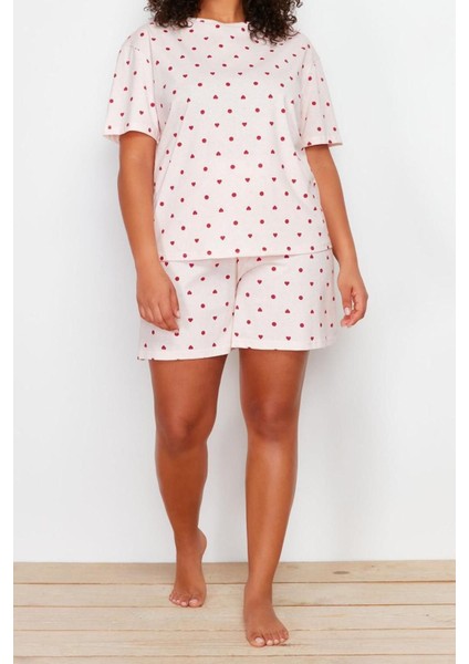 Büyük Beden Kadın Pamuklu Bisiklet Yaka Kısa Kol Kalp Desenli Örme Pijama Takımı