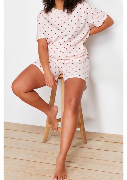 Büyük Beden Kadın Pamuklu Bisiklet Yaka Kısa Kol Kalp Desenli Örme Pijama Takımı