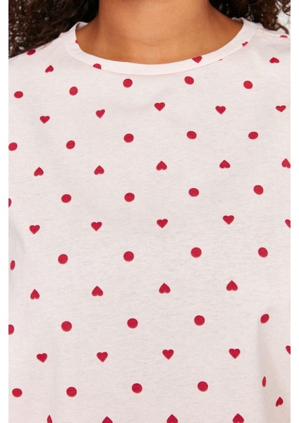 Büyük Beden Kadın Pamuklu Bisiklet Yaka Kısa Kol Kalp Desenli Örme Pijama Takımı
