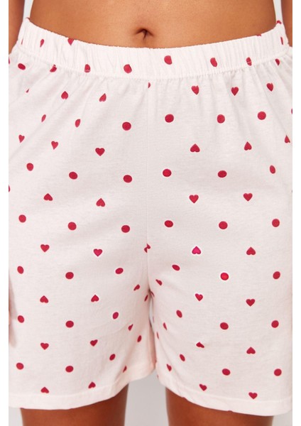 Büyük Beden Kadın Pamuklu Bisiklet Yaka Kısa Kol Kalp Desenli Örme Pijama Takımı