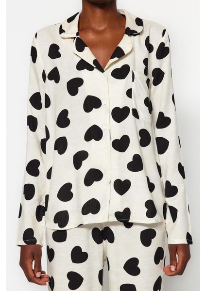 Kadın Viskon Gömlek Yaka Uzun Kol Kalpli Viskon Gömlek-Pantolon Dokuma Pijama Takımı fırsatları