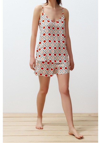 Kadın Viskon V Yaka Askılı Kol Etnik Desenli Ip Askılı Viskon Dokuma Pijama Takımı modelleri