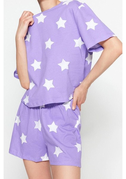 Kadın Pamuk Bisiklet Yaka Kısa Kol Pamuk Yıldız Desenli T-Shirt-Şort Örme Pijama Takımı