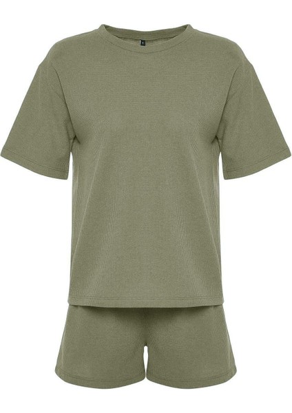 Kadın Pamuklu Bisiklet Yaka Kısa Kol Pamuklu Waffle Kumaş Örme Pijama Takımı