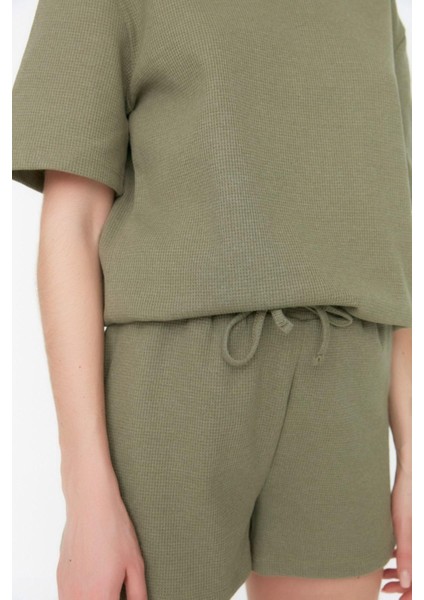 Kadın Pamuklu Bisiklet Yaka Kısa Kol Pamuklu Waffle Kumaş Örme Pijama Takımı