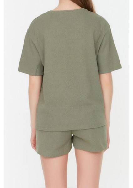 Kadın Pamuklu Bisiklet Yaka Kısa Kol Pamuklu Waffle Kumaş Örme Pijama Takımı