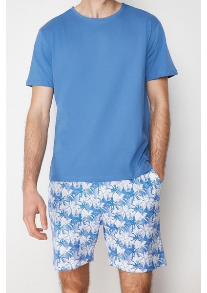 Erkek Pamuk Bisiklet Yaka Kısa Kol Regular Fit Palmiye Baskılı Şortlu Pijama Takımı