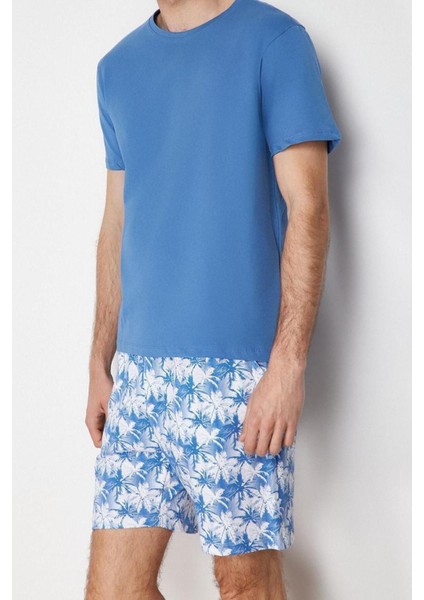 Erkek Pamuk Bisiklet Yaka Kısa Kol Regular Fit Palmiye Baskılı Şortlu Pijama Takımı