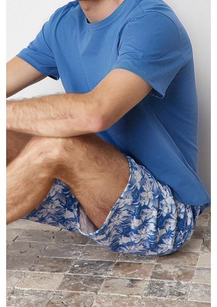 Erkek Pamuk Bisiklet Yaka Kısa Kol Regular Fit Palmiye Baskılı Şortlu Pijama Takımı