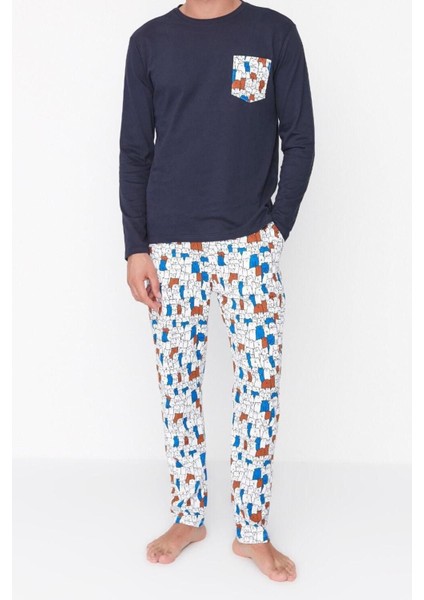Erkek Pamuk Bisiklet Yaka Uzun Kol Regular Fit Baskılı Pijama Takımı