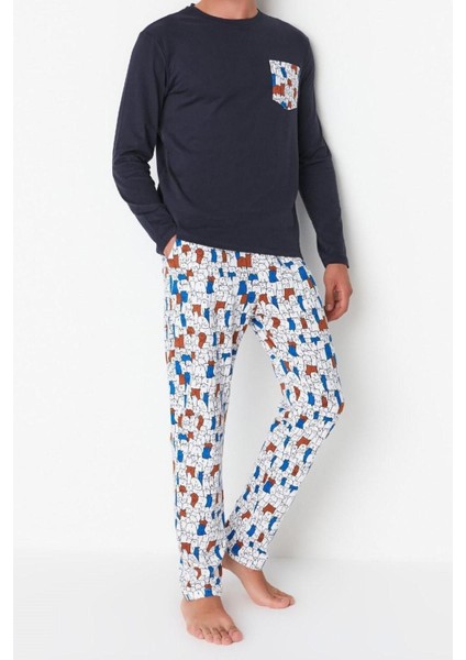 Erkek Pamuk Bisiklet Yaka Uzun Kol Regular Fit Baskılı Pijama Takımı fiyatları