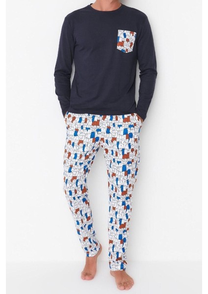 Erkek Pamuk Bisiklet Yaka Uzun Kol Regular Fit Baskılı Pijama Takımı modelleri