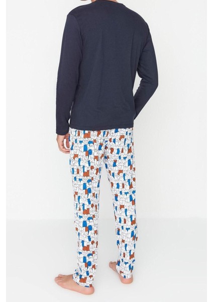 Erkek Pamuk Bisiklet Yaka Uzun Kol Regular Fit Baskılı Pijama Takımı fırsatları