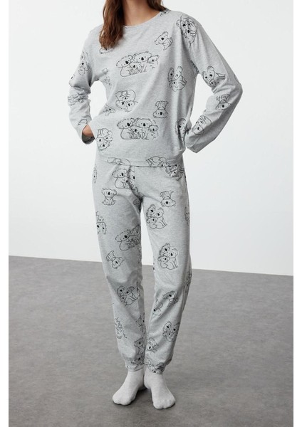 Kadın Pamuklu Bisiklet Yaka Uzun Kol Pamuklu Hayvan Desenli Örme Pijama Takımı