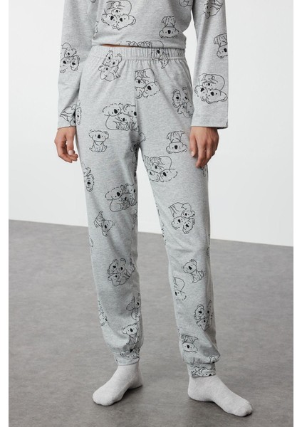 Kadın Pamuklu Bisiklet Yaka Uzun Kol Pamuklu Hayvan Desenli Örme Pijama Takımı modelleri