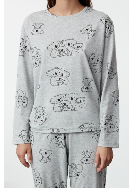 Kadın Pamuklu Bisiklet Yaka Uzun Kol Pamuklu Hayvan Desenli Örme Pijama Takımı fırsatları