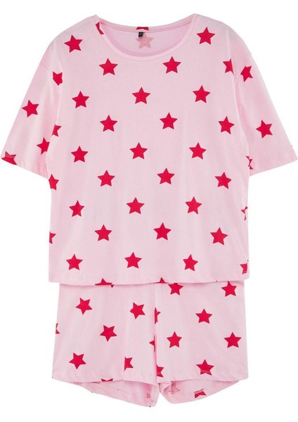 Kadın %100 Pamuk Bisiklet Yaka Kısa Kol %100 Pamuk Yıldız Desenli T-Shirt-Şort Örme Pijama Takımı