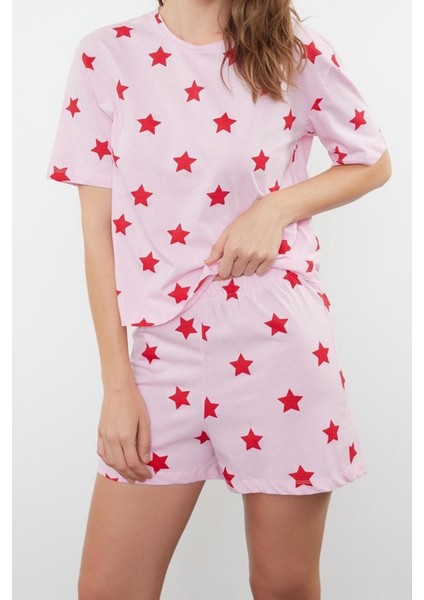 Kadın %100 Pamuk Bisiklet Yaka Kısa Kol %100 Pamuk Yıldız Desenli T-Shirt-Şort Örme Pijama Takımı