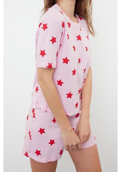 Kadın %100 Pamuk Bisiklet Yaka Kısa Kol %100 Pamuk Yıldız Desenli T-Shirt-Şort Örme Pijama Takımı