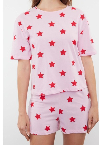 Kadın %100 Pamuk Bisiklet Yaka Kısa Kol %100 Pamuk Yıldız Desenli T-Shirt-Şort Örme Pijama Takımı