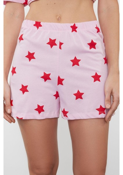 Kadın %100 Pamuk Bisiklet Yaka Kısa Kol %100 Pamuk Yıldız Desenli T-Shirt-Şort Örme Pijama Takımı