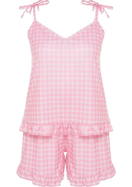 Büyük Beden Kadın Polyester V Yaka Askılı Kol Baskılı Askılı Örme Pijama Takımı