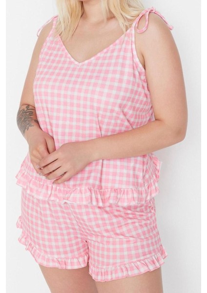 Büyük Beden Kadın Polyester V Yaka Askılı Kol Baskılı Askılı Örme Pijama Takımı modelleri